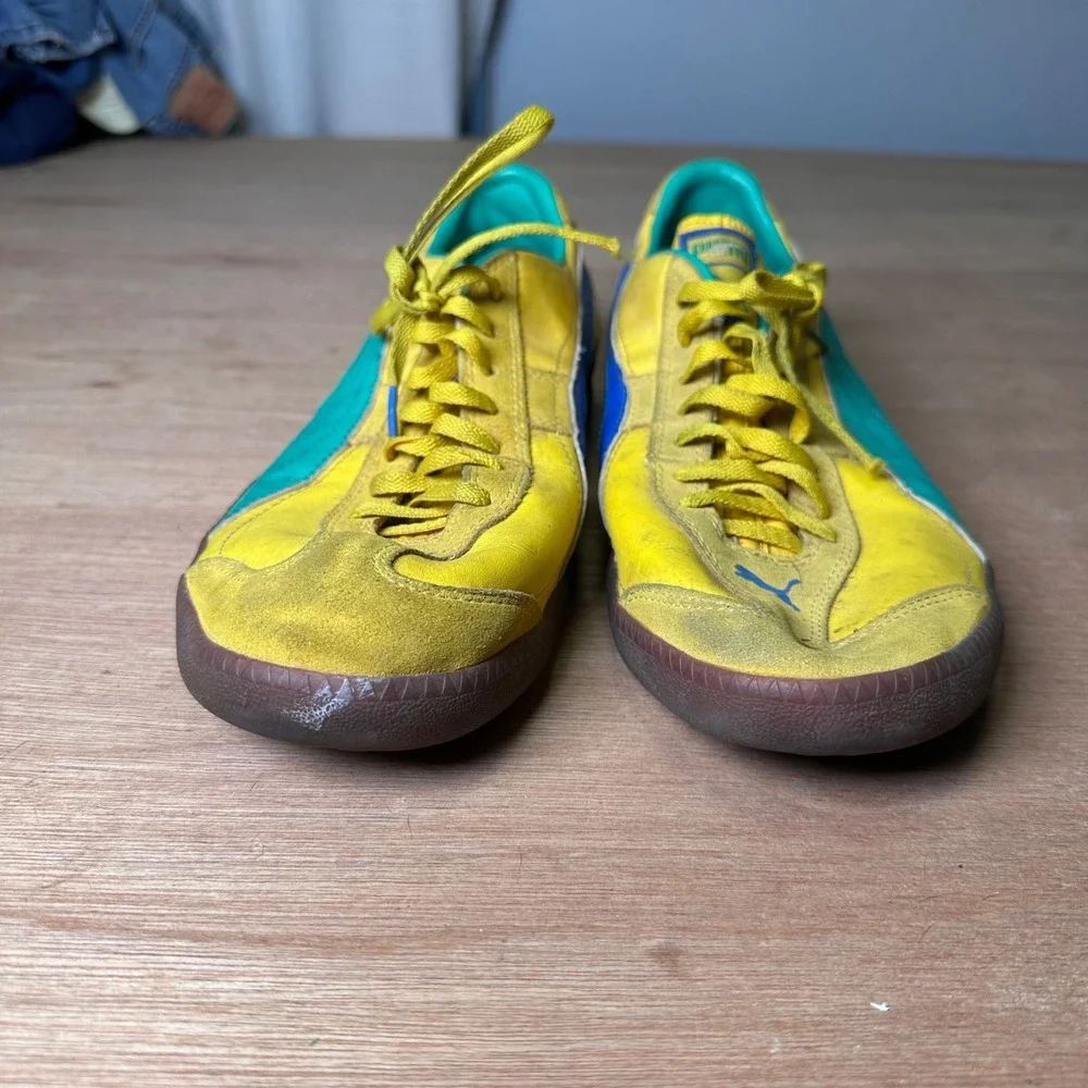 Vintage Yellow Puma Shoes With Blue And Green Stripes. RARE